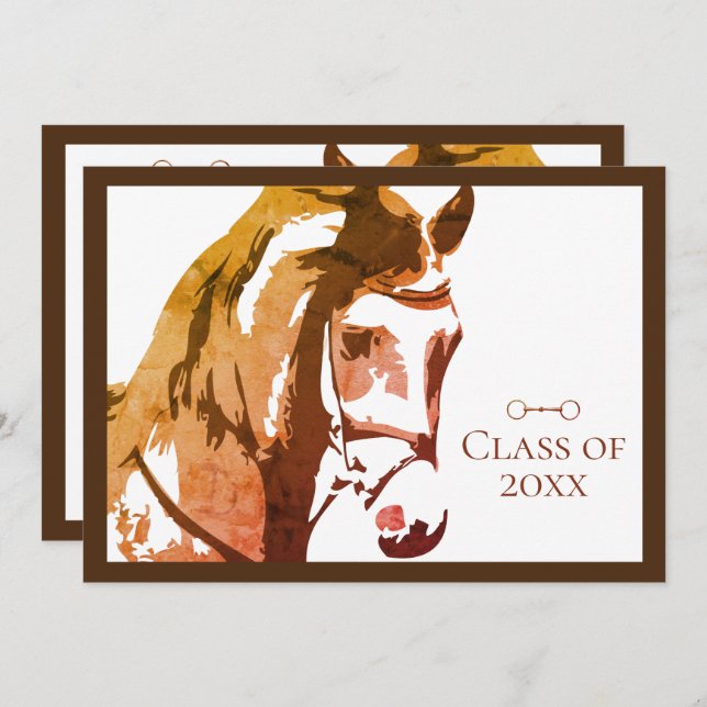 Horse Sketch and Snaffle Bit, Brown Graduation Invitation (Front/Back)