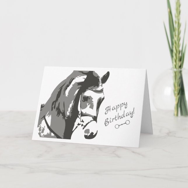 Horse Sketch and Snaffle Bit ~ Gray Happy Birthday Card (Front)