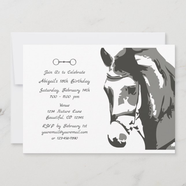 Horse Sketch and Snaffle Bit, Grey Birthday Invitation (Front)