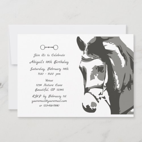 Horse Sketch and Snaffle Bit Grey Birthday Invitation