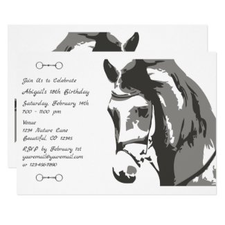 Horse Sketch and Snaffle Bit, Grey Birthday Invitation