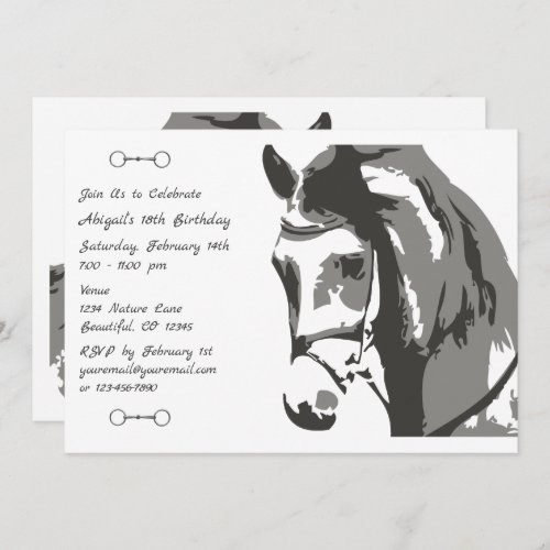 Horse Sketch and Snaffle Bit Grey Birthday Invitation