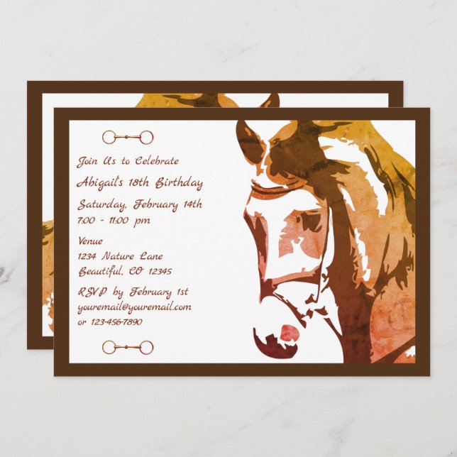 Horse Sketch and Snaffle Bit in Brown Birthday Invitation (Front/Back)