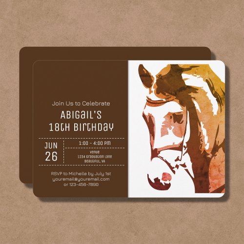 Horse Sketch Modern Brown and White Birthday Invitation