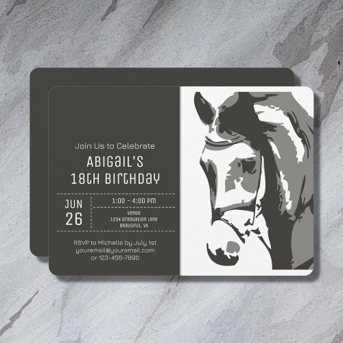 Horse Sketch Modern Grey and White Birthday Invitation