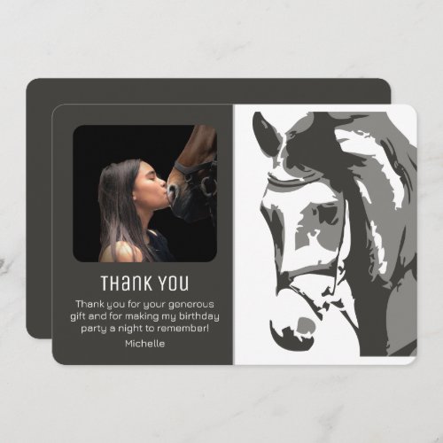 Horse Sketch Modern Grey and White Birthday PHOTO Thank You Card