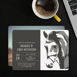 Horse Sketch Modern Grey White Photo Birthday Invitation