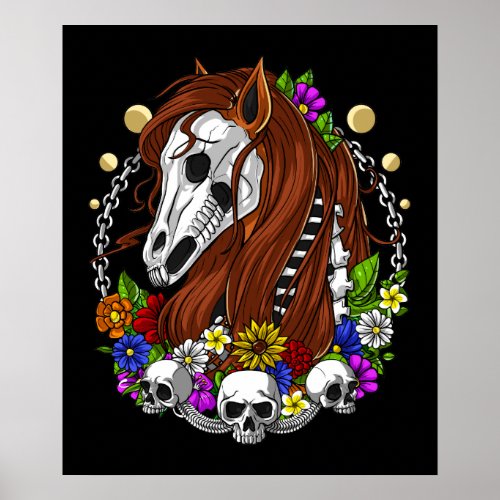 Horse Skull Flowers Poster