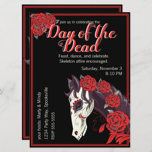 Horse Skull with Red Roses Dias de los Muertos Invitation