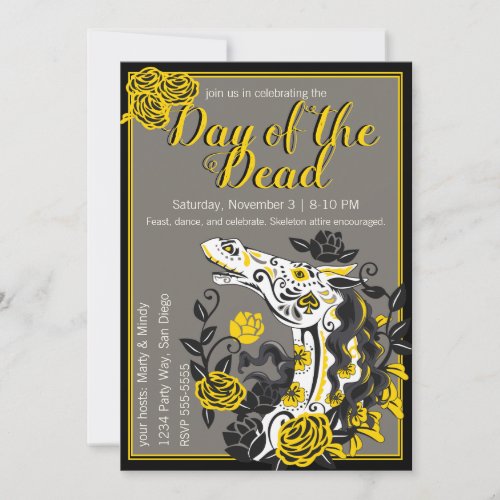 Horse Skull with Yellow Roses Dias de los Muertos Invitation