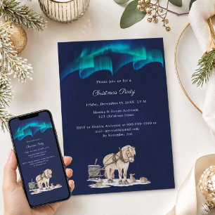 Horse Sleigh Blue Northern Lights Christmas Party Invitation
