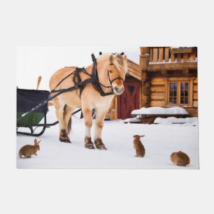 Horse sleigh rabbits country farm snow winter doormat