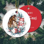 Horse snowman Christmas watercolor elegant Ceramic Ornament<br><div class="desc">Horse and snowman personalized Christmas design with elegant Christmas wreath and beautiful white and red ornament for horse lovers. Personalize it on the back.</div>