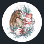 Horse snowman Christmas watercolor elegant Classic Round Sticker<br><div class="desc">Horse and snowman personalized Christmas design with elegant Christmas wreath and beautiful white and red ornament for horse lovers.</div>