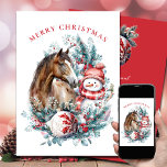 Horse snowman Christmas watercolor elegant Holiday Card<br><div class="desc">Horse and snowman personalized Christmas design with elegant Christmas wreath and beautiful white and red ornament for horse lovers.</div>