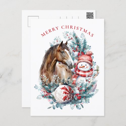 Horse snowman Christmas watercolor elegant Holiday Postcard