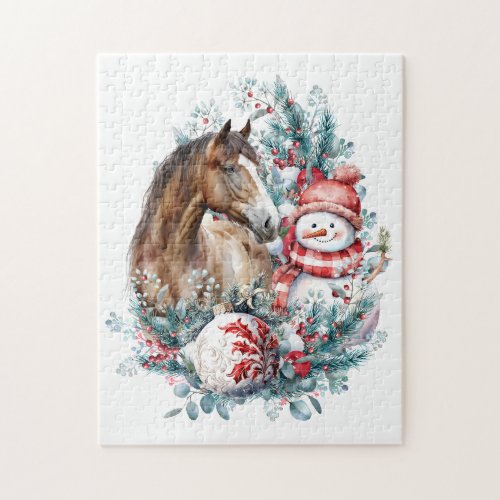 Horse snowman Christmas watercolor elegant Jigsaw Puzzle