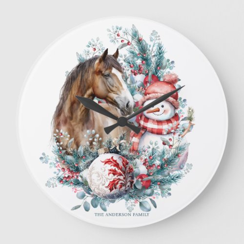 Horse snowman Christmas watercolor elegant Large Clock