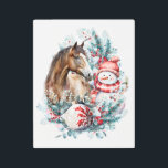 Horse snowman Christmas watercolor elegant Metal Print<br><div class="desc">Horse and snowman personalized Christmas design with elegant Christmas wreath and beautiful white and red ornament for horse lovers.</div>