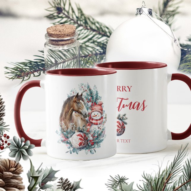 Horse snowman Christmas watercolor elegant Mug (Horse snowman Christmas mug, horse lover, equestrian Christmas drinkware)