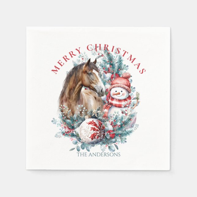 Horse snowman Christmas watercolor elegant Napkins (Front)