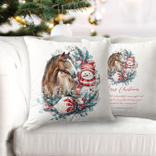 Horse snowman Christmas wish quote Throw Pillow