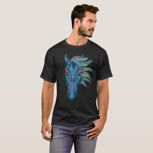horse spirit geometric fractal animal pattern blue T_Shirt