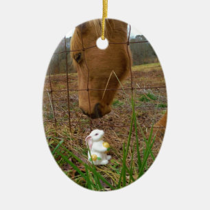 horse & Spring flower Bunny Ceramic Ornament