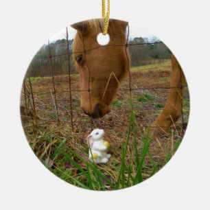 horse & Spring flower Bunny Ceramic Ornament