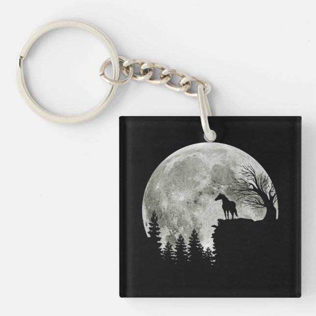 Horse Stand On Mountain Spooky Halloween Moon Keychain (Front)
