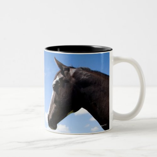 Horse standing at fence in pasture Two_Tone coffee mug