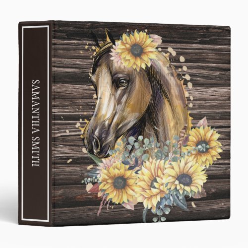 Horse Sunflower Rustic Wood Name School Subject 3 Ring Binder