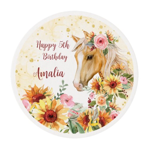Horse sunflowers birthday party personalized edible frosting rounds