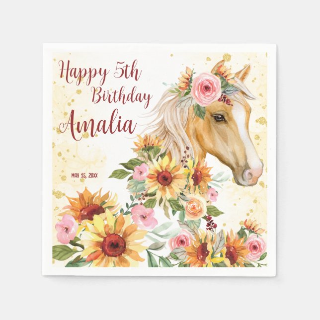 Horse sunflowers birthday party personalized napkins (Front)