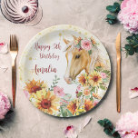 Horse sunflowers birthday party personalized paper plates<br><div class="desc">Palomino horse with sunflowers and pink flowers floral girls birthday party personalized birthday paper plates template. Beautiful watercolor horse portrait,  nice for horse loving people.</div>