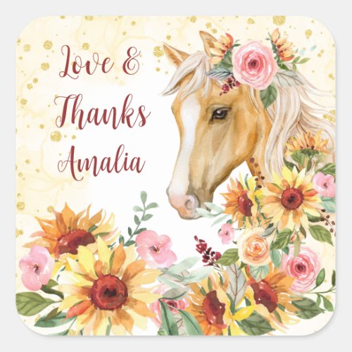 Horse sunflowers birthday party personalized square sticker