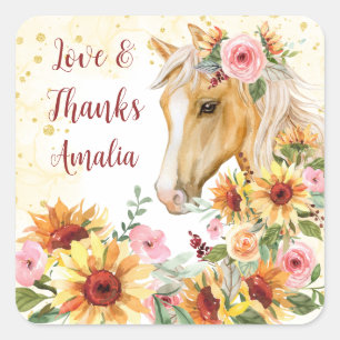 Horse sunflowers birthday party personalized square sticker