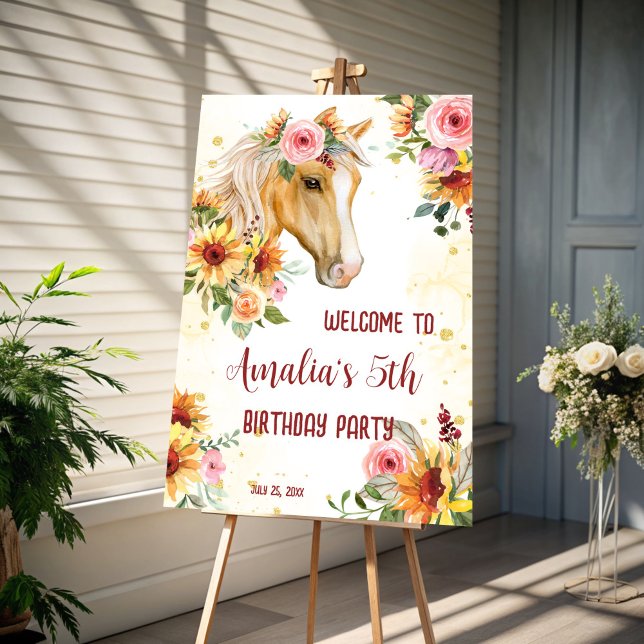 Horse sunflowers birthday party welcome sign (Horses sunflowers birthday party welcome sign cowgirls equestrian party welcome board)