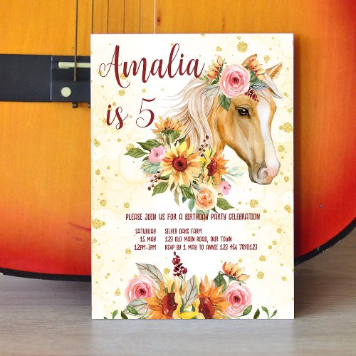 Horse sunflowers pink flowers girls birthday party invitation