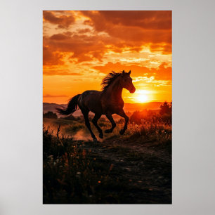 Horse Sunset Poster Running Black Horse Wall Art