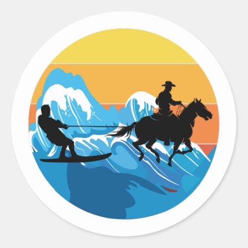 Horse Surfing Wakeboarding Water Skiing Retro Classic Round Sticker