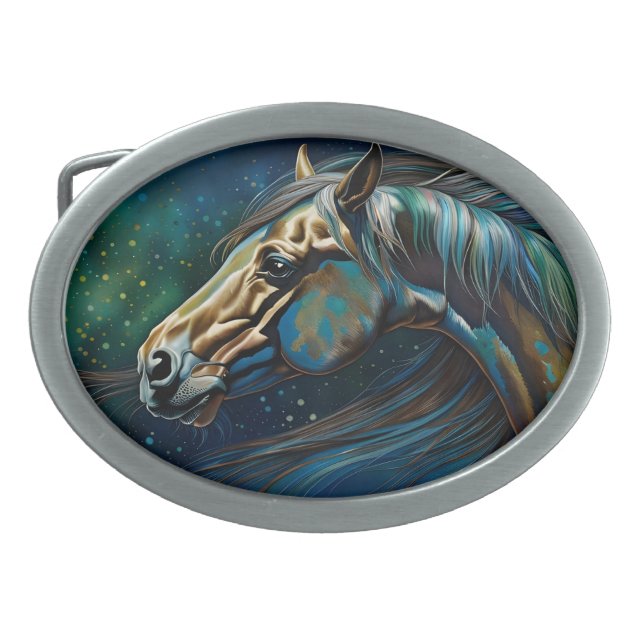 Horse Teal blue green brown Belt Buckle (Front)