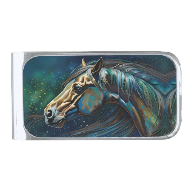 Horse Teal blue green brown Silver Finish Money Clip (Front)