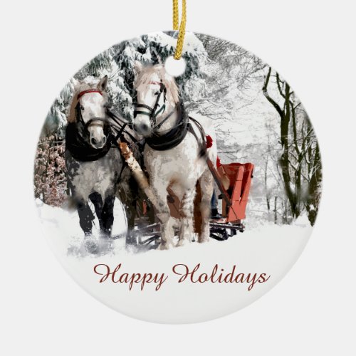Horse Team Sleigh Ride Through Snowy Woods Ceramic Ornament