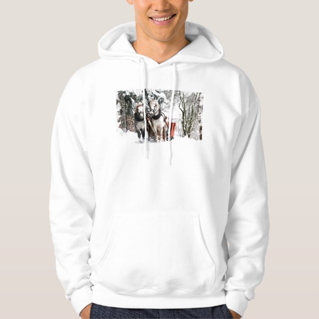 Horse Team Sleigh Ride Through Snowy Woods Hoodie (Front)