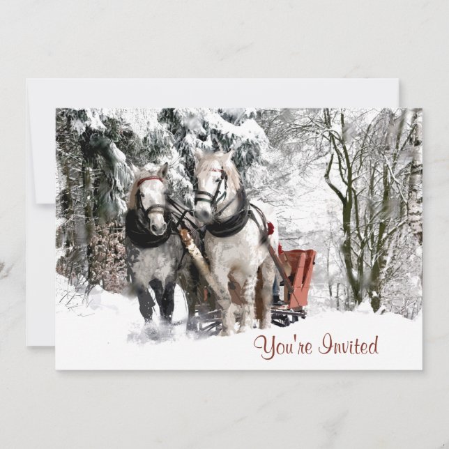 Horse Team Sleigh Ride Through Snowy Woods Invitation (Front)