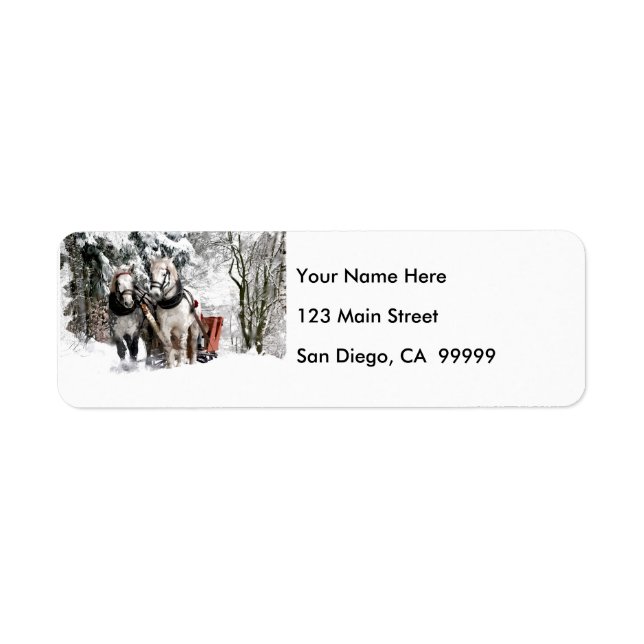 Horse Team Sleigh Ride Through Snowy Woods Label (Front)