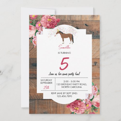 Horse Themed Birthday Party Rustic Wood Floral Invitation