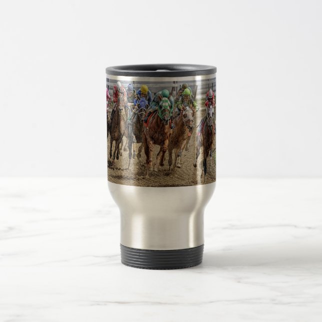 Horse Thoroughbreds Rounding Last Turn Travel Mug (Center)