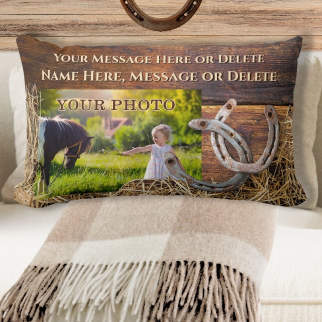 Horse Throw Pillow, Rustic Personalized, Horseshoe Lumbar Pillow (Photo and Personalized, Horse Throw Pillow. Horseshoe Lumbar Pillow. Great, Horse Remembrance Gifts.)